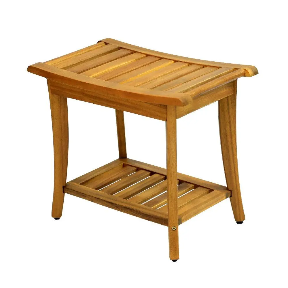 Tucker 22.1" Traditional Classic Slatted Solid Acacia Wood Bath Stool - Indoor/Outdoor Bench with Shelf, Handle, Shower Stool for Inside Shower Tucker 22.1" Traditional Classic Slatted Solid Acacia Wood Bath Stool - Indoor/Outdoor Bench with Shelf, Handle, Shower Stool for Inside Shower