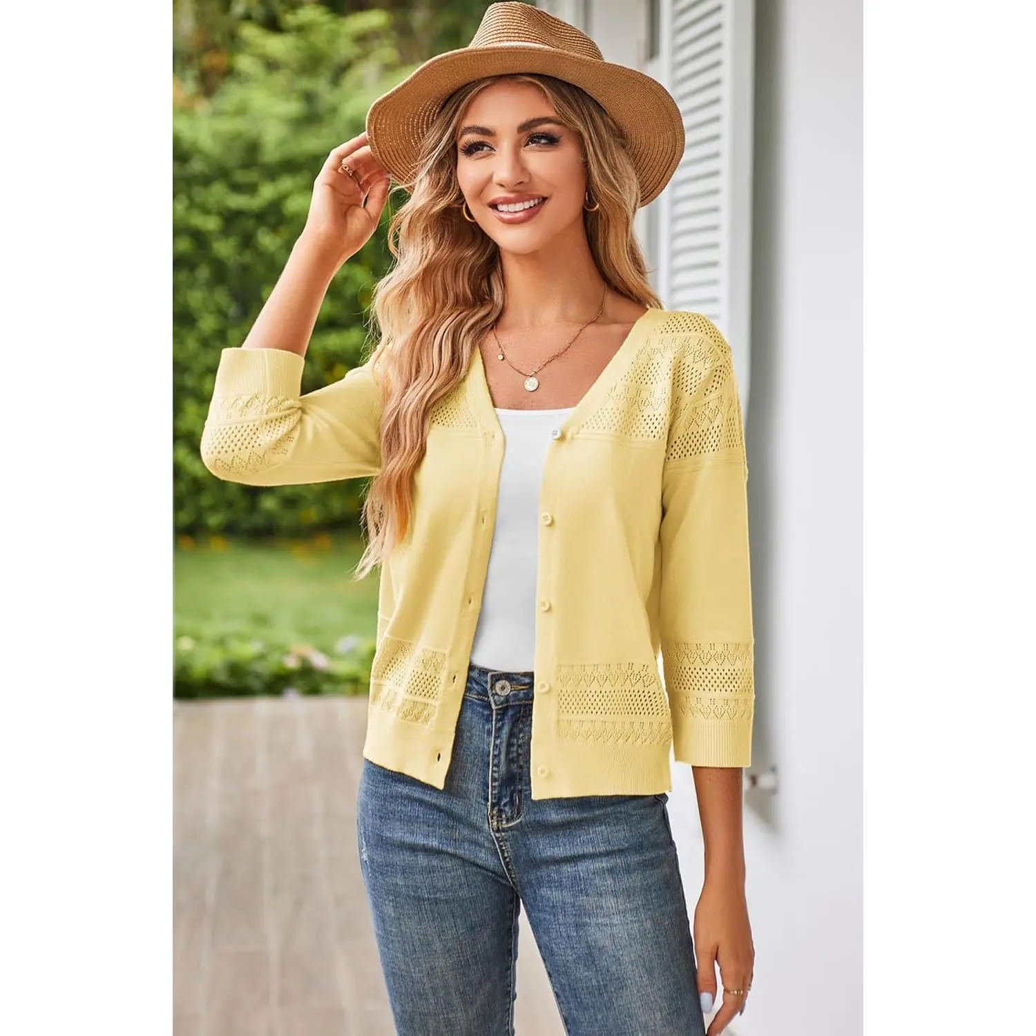 Women's 2025 Cropped Cardigan 3/4 Sleeve Lightweight Crochet Shrug Hollowed-Out Knit Sweater Tops - Elegant Lace Openwork Casual Spring Summer Cover Up Blouse Fashion Style Ladies Clothing Women's 2025 Cropped Cardigan 3/4 Sleeve Lightweight Crochet Shrug Hollowed-Out Knit Sweater Tops - Elegant Lace Openwork Casual Spring Summer Cover Up Blouse Fashion Style Ladies Clothing