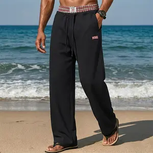 Men’s Y2K checkered patchwork athletic pants — stylish high-waisted loose-fit black; polyester summer streetwear bottoms for men