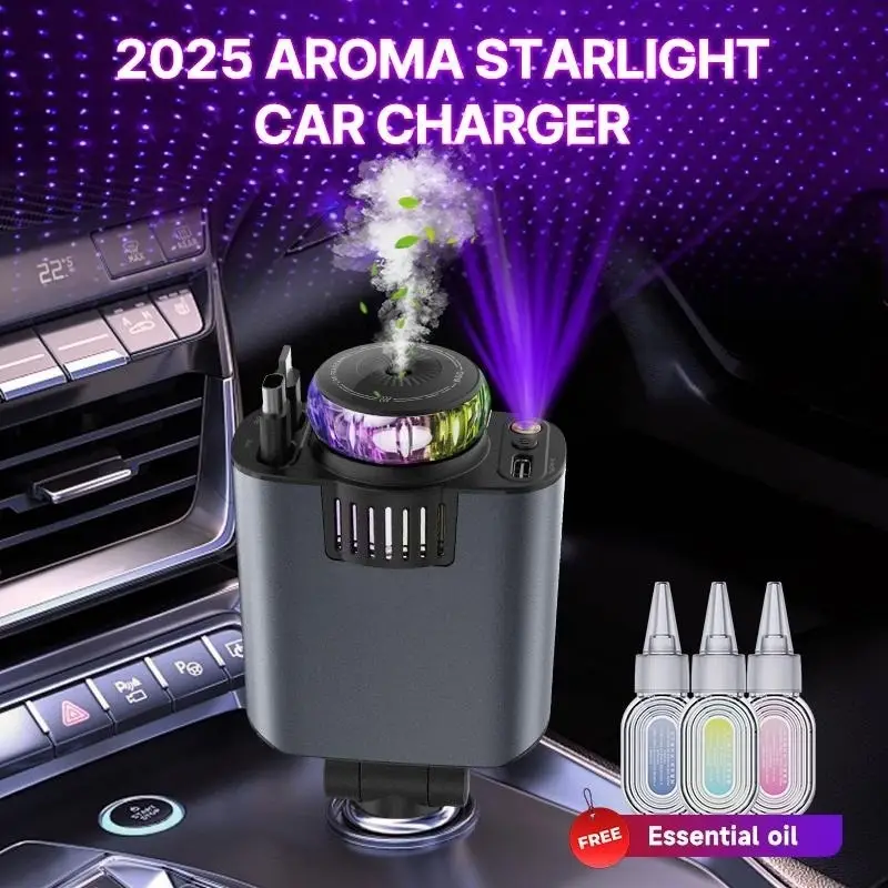 5-in-1 starry sky retractable car phone charger with Aromatherapy function, fast charging, lightning cable and dual charging port,usb c and type c cha