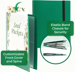 Seed Organizer, 4 Pocket Reusable Garden Storage Protector, 3.5" x 5" Clear Sleeves, Planner, 32 Pockets, Holds Up to 64 Packets, Green