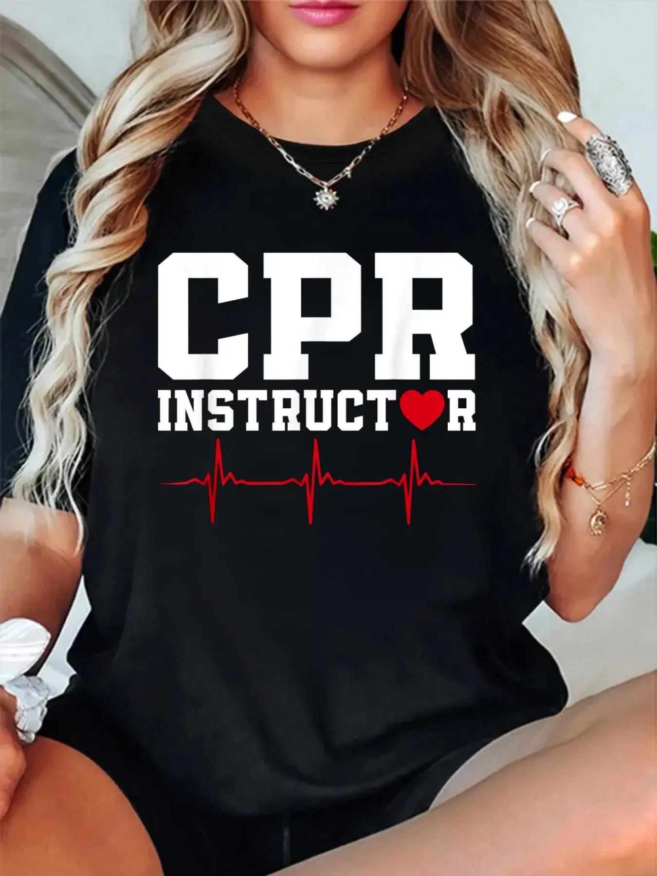 100% Cotton T shirts CPR Instructor Outfit AED First Aid Training T-Shirt Breathable & Comfort Fit Tee Women,Short Sleeve Crew Neck Top for All Seasons,Graphic Tees Women Tops
