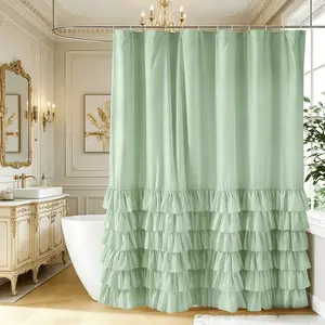 Solid White Ruffle Shower Curtain with Cake Skirt Hem, French Country Style, Ultra-fine Fiber Fabric, Waterproof Bath Curtain for Bathroom, Hotel and Salon Decor, Bathroom Accessory