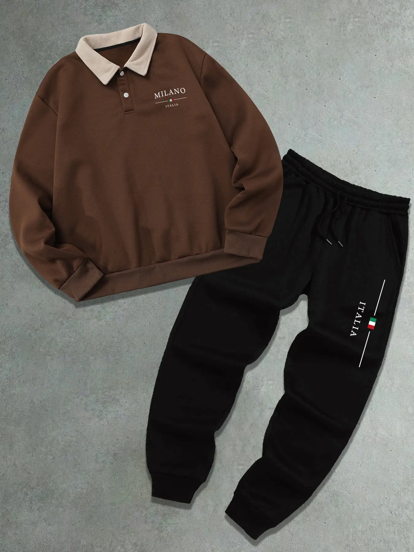 Men's Polo Collar Sweatshirt Set, Autumn Winter Letter Print Fleece Pullover + Drawstring Casual Sport Pants, 2 Pieces Pack