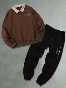Men's Polo Collar Sweatshirt Set, Autumn Winter Letter Print Fleece Pullover + Drawstring Casual Sport Pants, 2 Pieces Pack