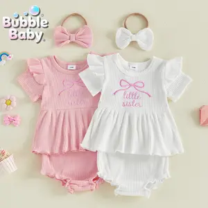 Baby Girl "Little Sister" 2-Piece Ribbed Ruffle Sleeve Romper & Matching Bow Headband Set - Newborn Sibling Outfit, Photo Shoot Wear (Pink/White Options)