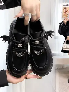 Gothic Style Chunky Heel Chain Decor Wings Buckle Thick Sole Shoes for Women, Versatile Fashion Mirror Surface Sneakers