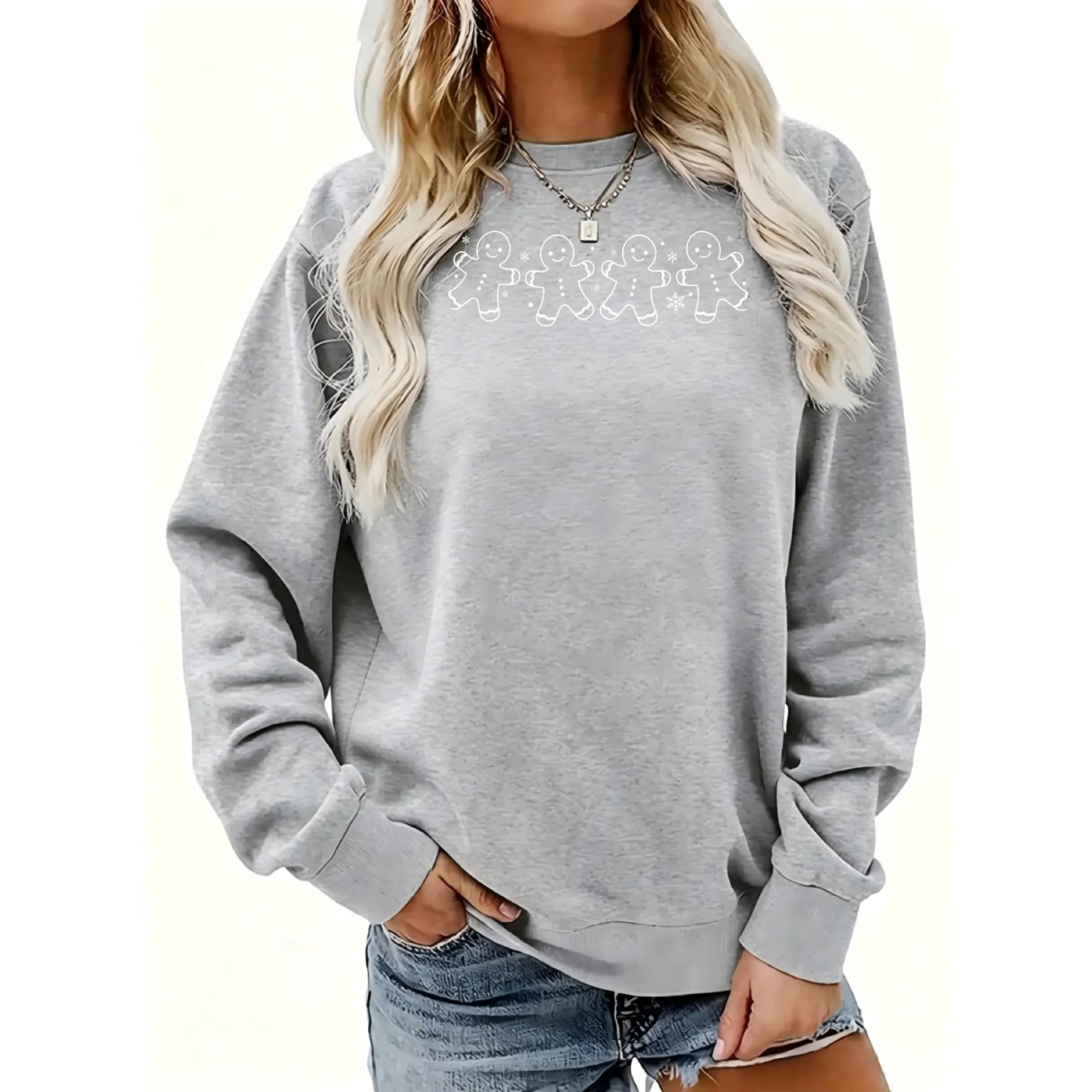Women's Gingerbread Men Graphic Print Design Crewneck Sweatshirt | Soft Stretchy Long Sleeve Pullover | Cozy Fall Layering Essential For Casual Daily, Office & Streetwear Looks
