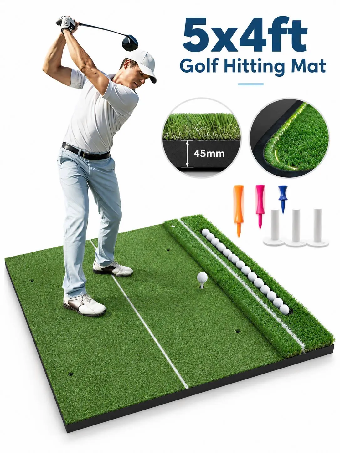 5x4FT Dual Turf Golf Hitting Mat, 45mm Practice Mat with Ball Tray, Alignment Guide, EVA Base & 3 Tees for Indoor Outdoor Training