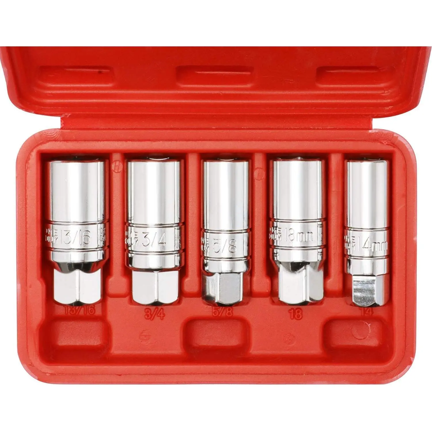 Heavy-Duty Chrome-Vanadium Steel 3/8-In Drive 6-Point Spark Plug Socket Set, 5-Piece Set with 5/8-In, 3/4-In, 13/16-In, 14mm, 18mm Sockets