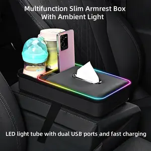 Car Armrest Storage Box With 2 Drink Cup Holders,Phone Holder, 7 Colour LED Lights Car Console Organiser With USB + Type-C Charging Port, Universal Small Car Storage Organizer Front Seat