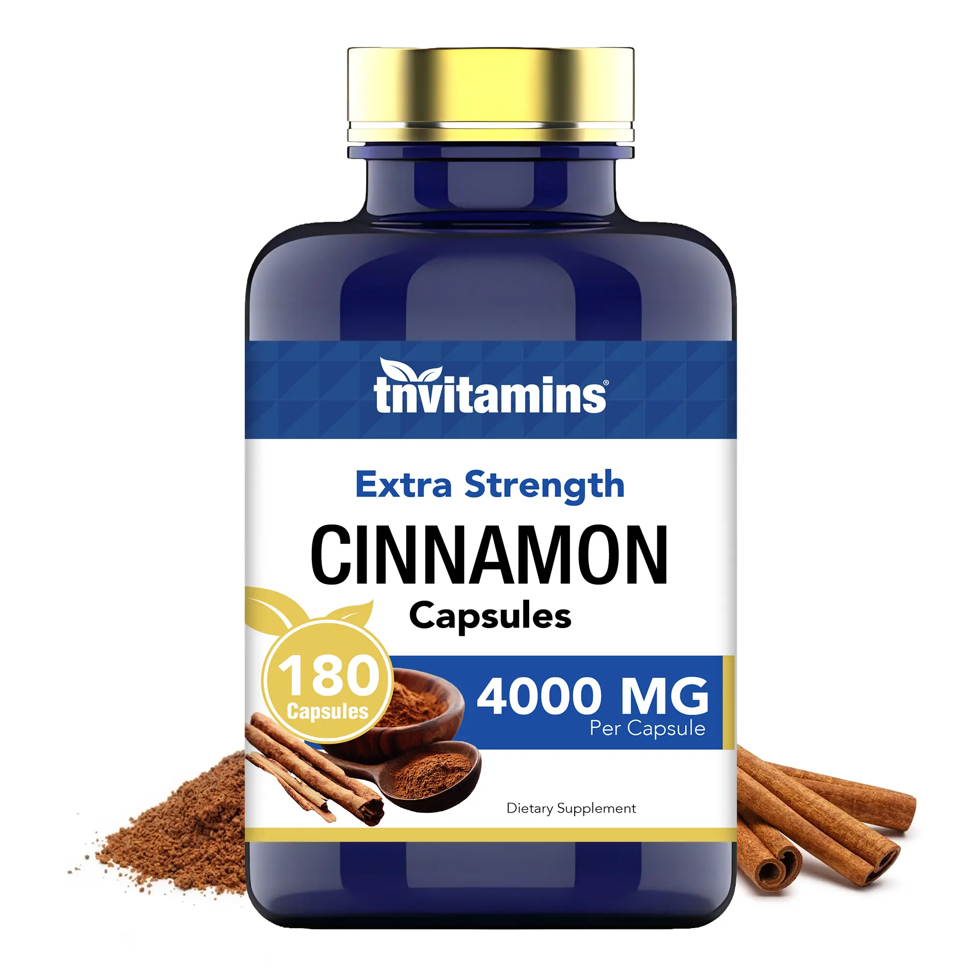Cinnamon Capsules 4000 MG - 180 Capsules | Ceylon Cinnamon & Cassia Cinnamon Pills | Blood Sugar Support Supplement* | Extra Strength Cinnamon Bark Extract | Cinnamon Complex | by TNVitamins