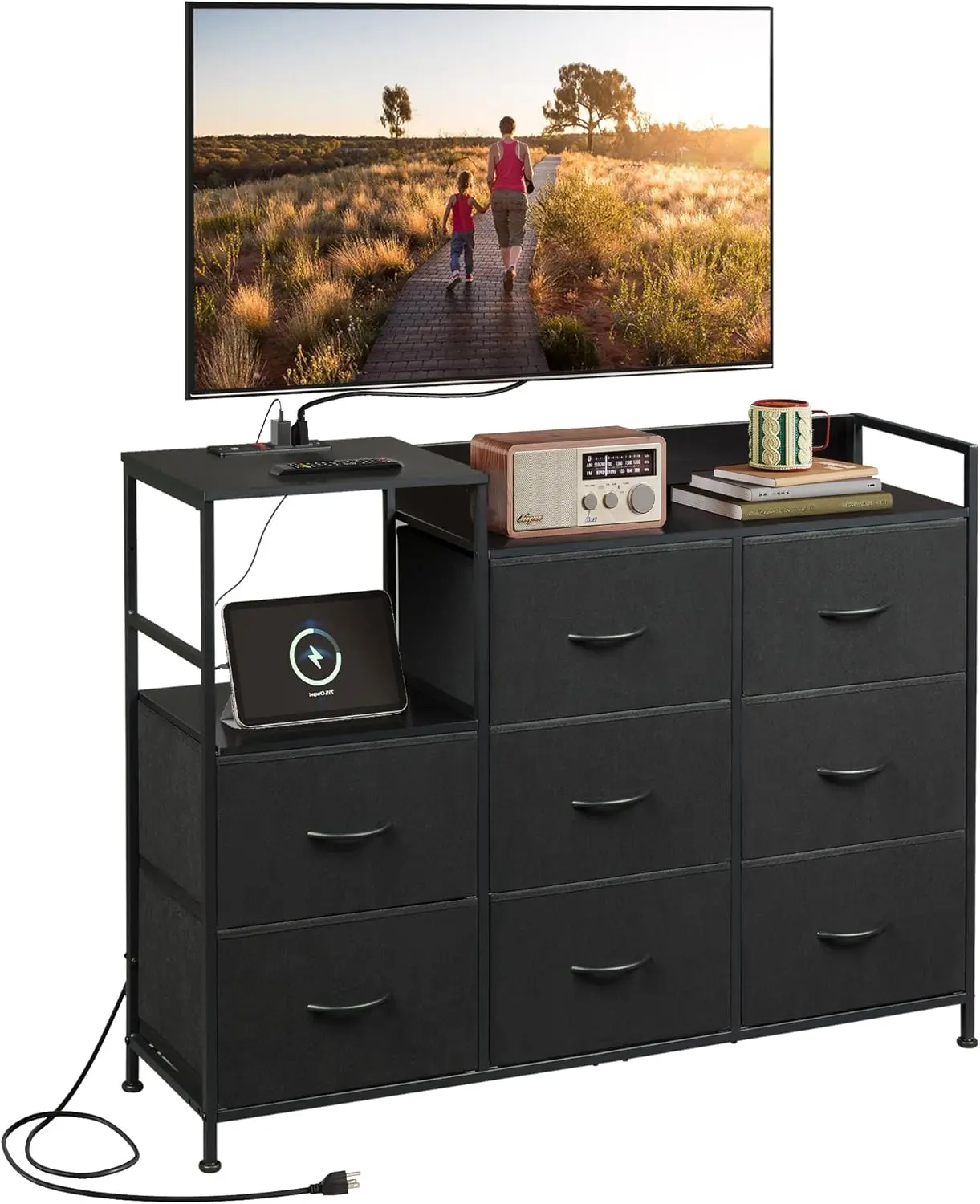 Multifunctional Corner TV Stand with Built-in Charging Station & 8 Fabric Drawers – Sturdy Wood Top Console Table, Large Storage for up to 45 inch TVs, Ideal for Living Room & Bedroom