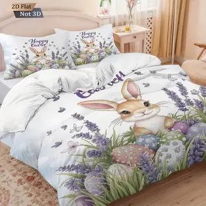 3pcs Easter Bunny Egg Floral Theme Duvet Cover Set, 2D Flat Print, Includes 1 Duvet Cover & 2 Pillowcases, Excludes Duvet and Pillow Inserts, Soft Comfortable, Suitable for Bedrooms, Hotels, School Dormitories, Perfect Gift for Easter