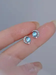 Pair of Elegant Star Moon Cat Eye Stone Stud Earrings, elegant minimalist earrings, Perfect for Daily Wear, Vacation Dates, Surprise Gift, Hypoallergenic Stainless Steel, Alloy Chain Design