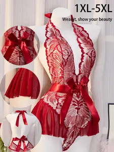 【Plus Size】 Floral Lace Sexy One-piece Sleepwear, Stretchy Lingerie, Women's Plus Sleepwear for All Seasons, Womenswear