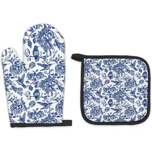 Blue Chinoiserie Bird Floral Oven Mitts and Pot Holders Sets, Blue and White Porcelain Kitchen Accessories Sets, Spring Bird Flowers Heat Resistant Oven Glove Potholders for Kitchen Cooking BBQ