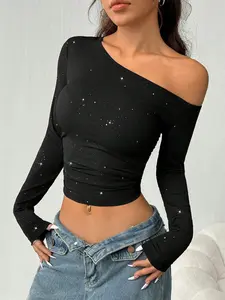 Women's Rhinestone Long Sleeve Top, Sexy Slim-Fit Knitted Blouse, Womenswear, Short, Plain Design, All Seasons Wear, Perfect for Casual