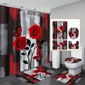4-Piece Lightweight And Soft Shower Bathroom Curtains, Featuring A Red Rose And Black Butterfly Artistic Design With A Contrasting Geometric Background, Creating A Strong Retro And Romantic Atmosphere. Includes A Non-Slip Mat, Toilet Cover And Bath Mat,