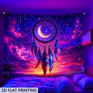 2d Flat - 2d Flat - A Tapestry Featuring A 2d Flat Design That Glows Under Blacklight, Showcasing A Neon Moon and Feather Pattern, Perfect for Decorating Bedrooms, Living Rooms, and Offices. Ideal for Game Rooms, Festive Occasions, Parties