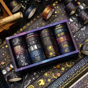 20 Pcs Vast Starry Night Washi Tape, Unique Fantasy Theme Vintage Hot Stamped Gold Silver Color Decorative Tape, DIY Creative Journal Supplies, Scrapbook Materials