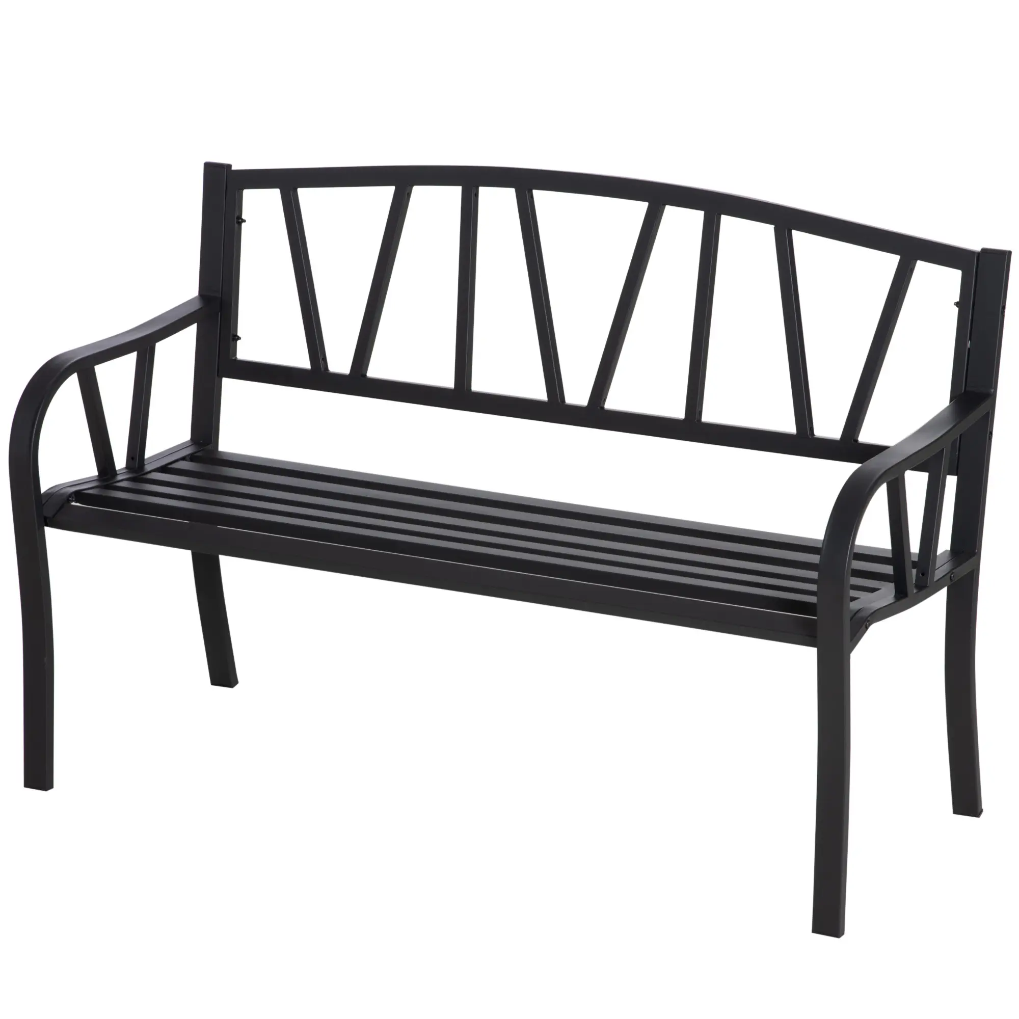 Black 50 inch metal outdoor bench V shaped pattern backrest slatted seat for park yard lawn patio leisure