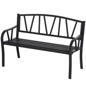Black 50 inch metal outdoor bench V shaped pattern backrest slatted seat for park yard lawn patio leisure