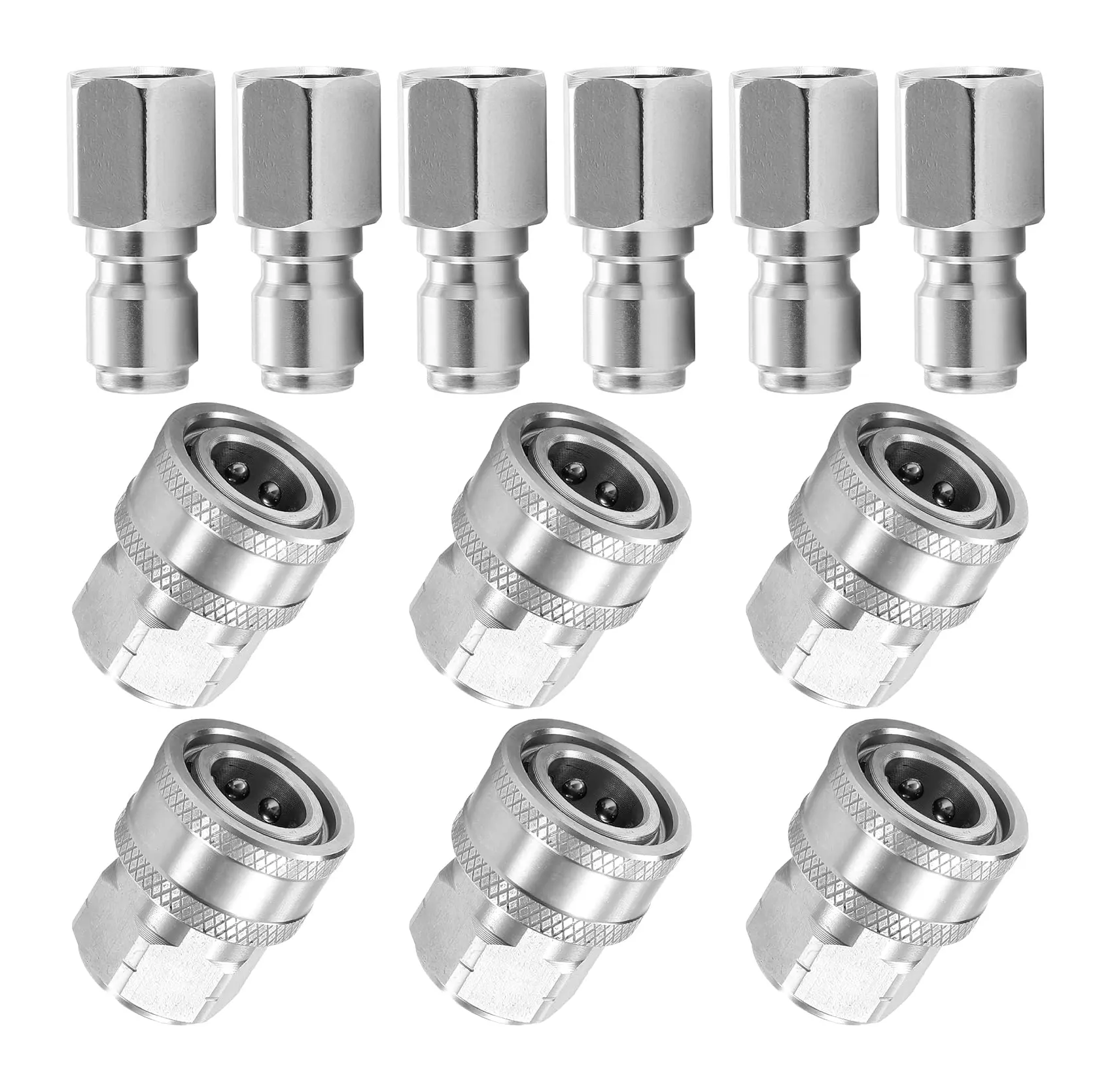 12-Piece Stainless Steel 3/8 Inch NPT Pressure Washer Adapter Set - Internal Thread Quick Connector Kit with 6 Matched Pairs of Plugs & Sockets, 5000 PSI Fittings for Cleaning Setup High-Pressure Performance