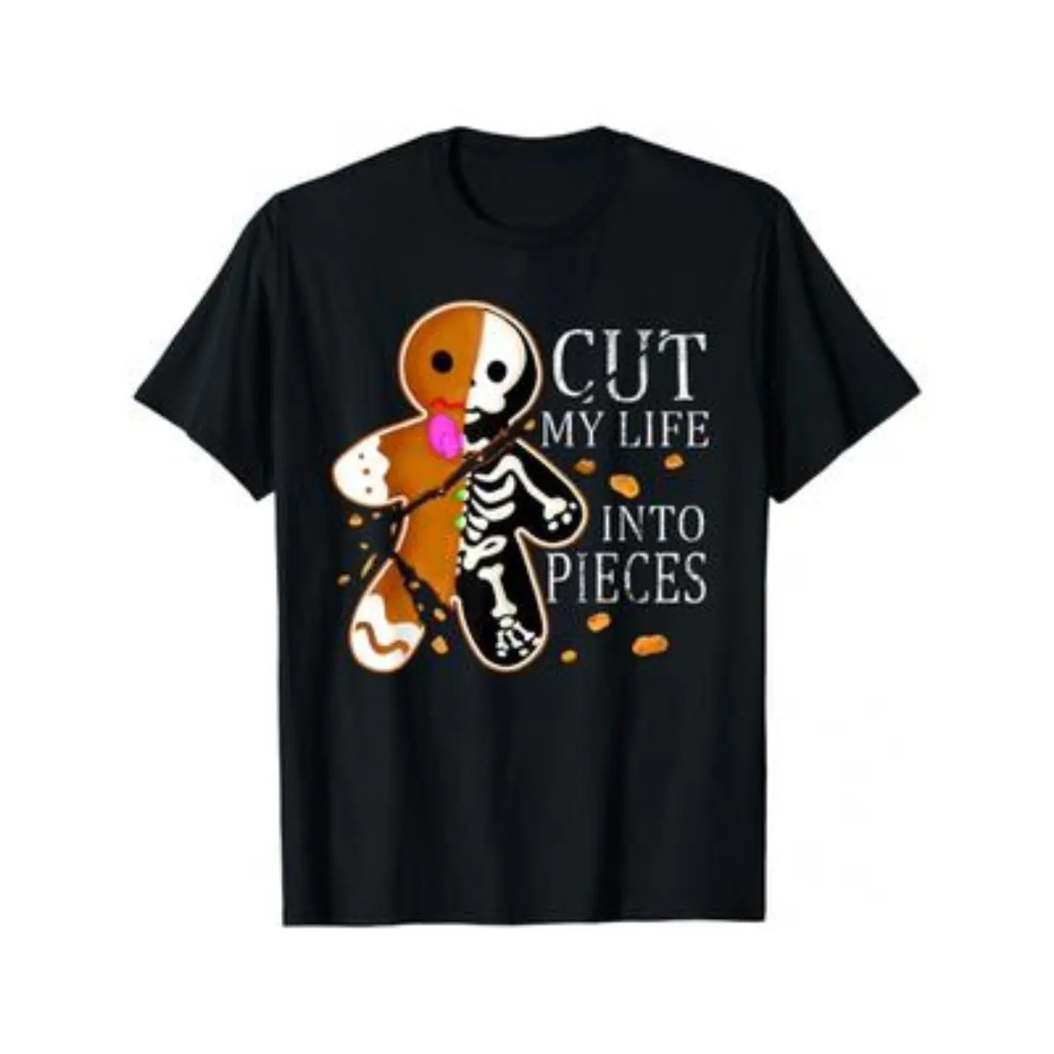 Women's Cotton Graphic T-shirt, 'Cut My Life Into Pieces' Gingerbread Christmas Top, Casual Bohemian Short Sleeve Crew Neck Streetwear, Normal Type, Machine Washable, All Seasons, Shortsleeve, Lady, Round Neck, Tshirt, Breathable Cotton, Graphic Print