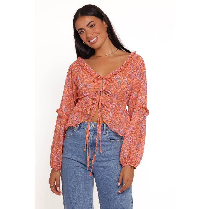 Isolt Tie Front Top - Orange Paisley