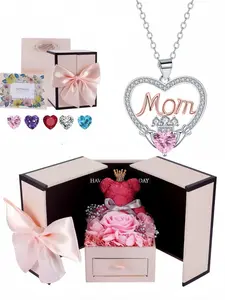 Heart Crown, Claddagh Grace simple and stylish MOM heart gem necklace with sweet design, paired with a preserved rose & teddy bear jewelry gift box, perfect gift for birthdays, Valentine’s Day, Mother’s Day and Christmas, Gemstone necklace