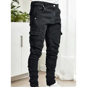 Men's Slim Fit Work Jeans - Stretch Denim, Multi-Pocket Design, Street Style, Suitable For All Seasons