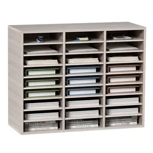 27 Compartments Wood Literature Organizer With Adjustable Shelves In MDF Mail Center For Office Home School Storage Of Files Documents Papers Magazines In Grey Finish, Ideal For Desk, Classroom, Library Organization