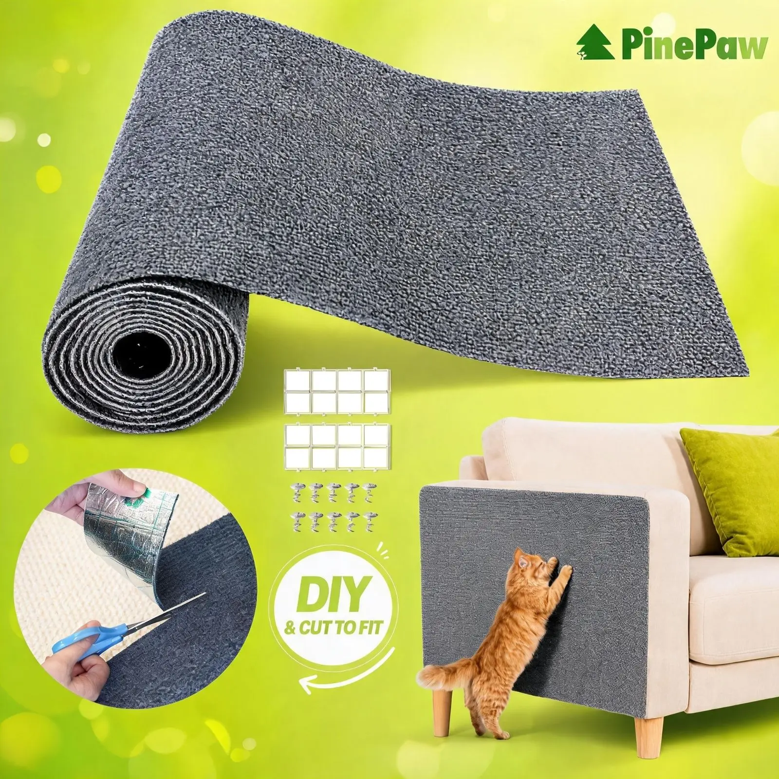 PinePaw Cat scratcher Scratching Patches Cuttable Wall Mounted Scratcher Mats for Indoor Furniture Pet Supplies Wear-resistant Scratch Resistant Protector, Contains 8 strong adhesives and 10 nails，Scratch Cover, Indoor Use