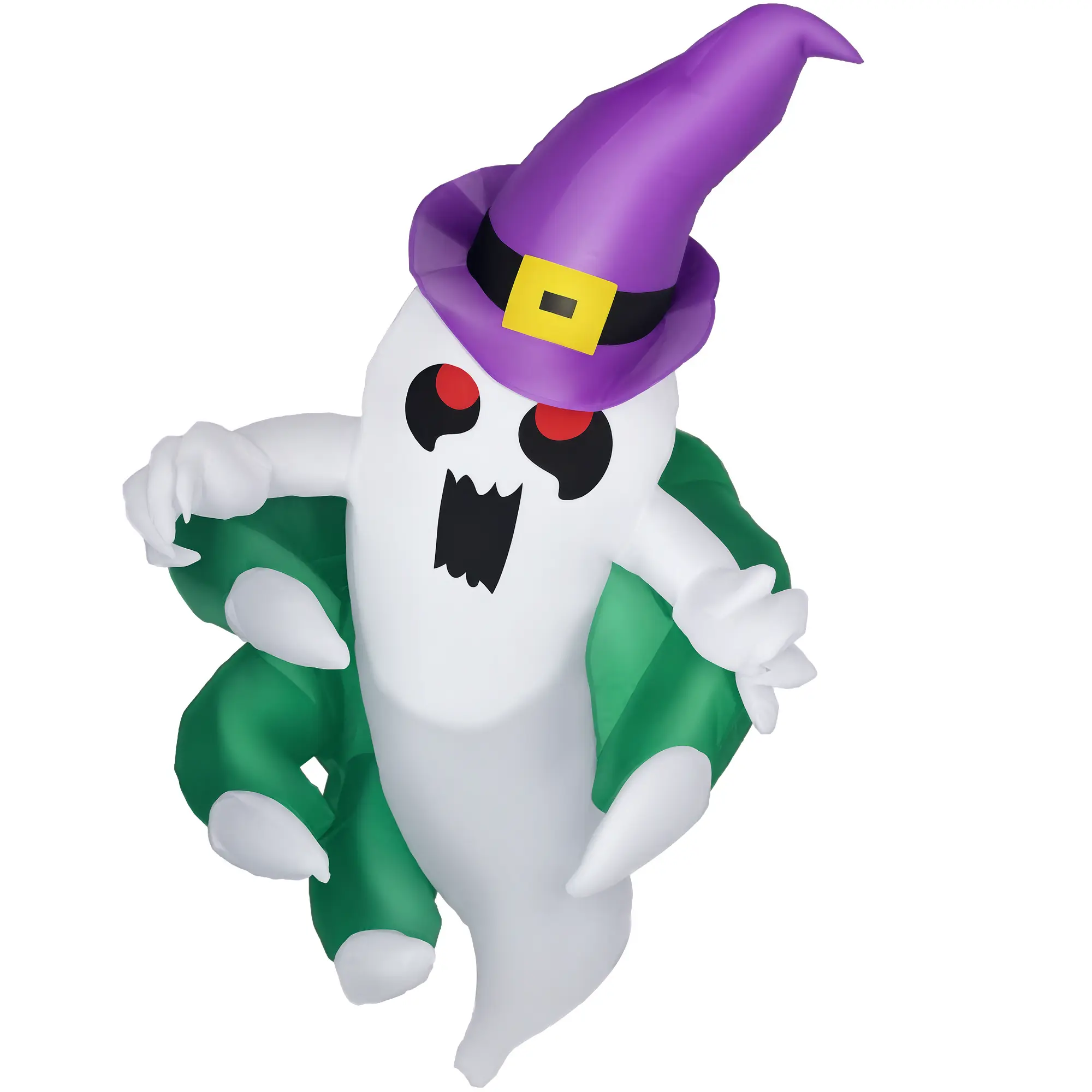 3.9ft Inflatable Halloween Window Sticker Ghost – Purple Hat & Green Claw. Built-in LEDs, 47.2" Tall. Weather-Resistant with Suction Cups & Drawstring. Indoor/Outdoor. Storage Bag Included