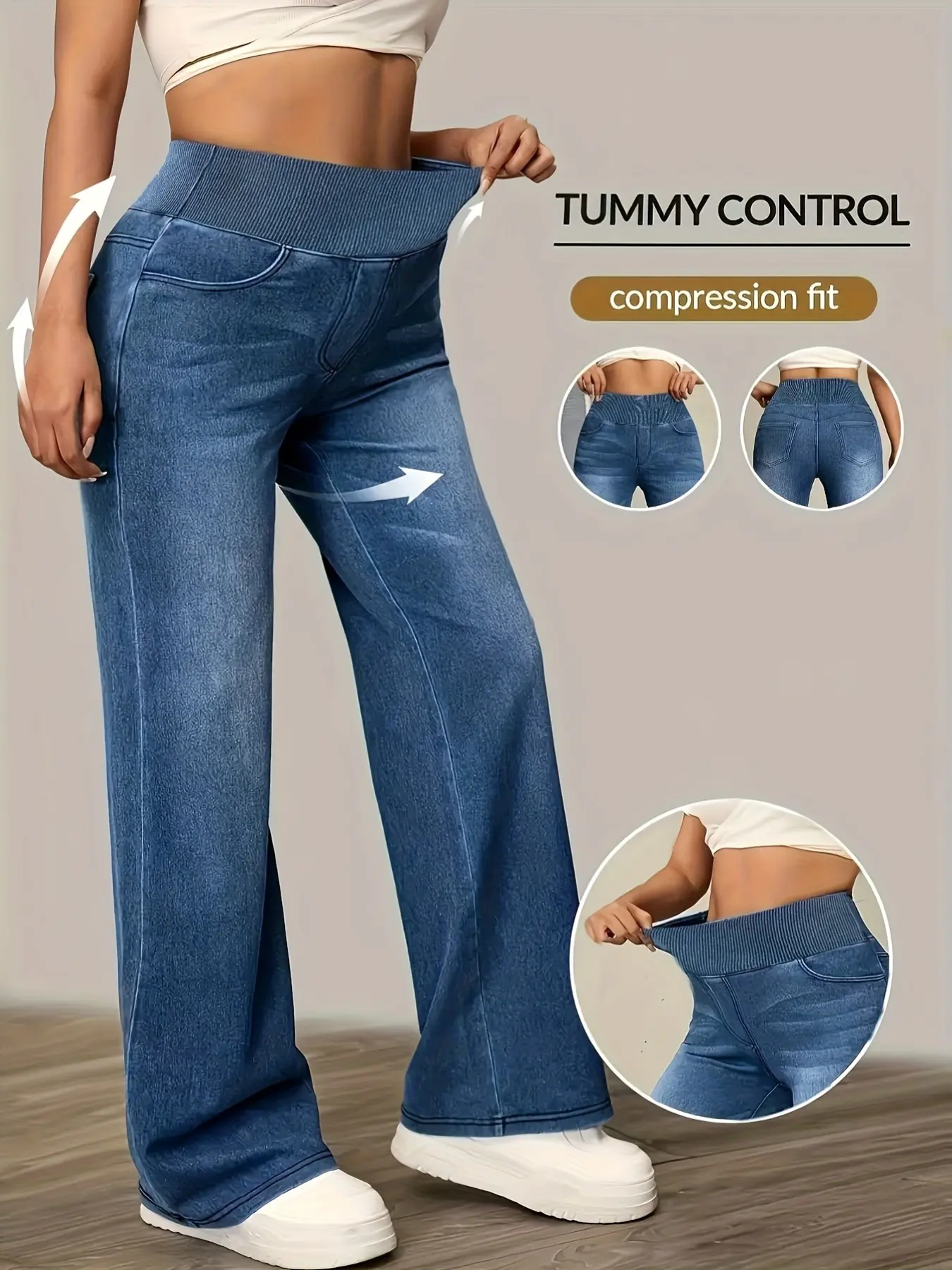 KCGH Plus Size High Waist Flattering Fashion Casual Jeans Women Wide Leg Straight Pants Ribbed Design Cat Whisker Stretch Slimming Butt Lifting Casual Denim Trousers Fall New Arrival Womenswear