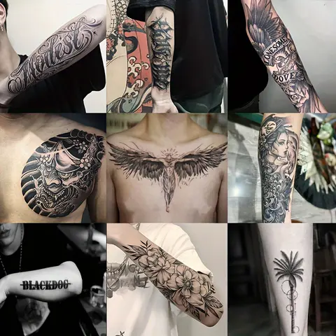 Adhesive Film Temporary Tattoos (9 Pieces) - Herbal, Long-Lasting 7-15 Day Waterproof Stickers with Henna Designs, Floral Shapes, Geisha, Bo Styles, Inked Aesthetic, Realistic Look, Stays Put on Skin - Beauty & Personal Care Makeup Tattoos