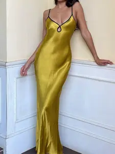 Women's Contrast Binding Cut Out Backless Satin Cami Dress, Chic Plain Tie Back Spaghetti Strap Sleeveless Bodycon Maxi Dress, Homecoming Dresses, Ladies Summer Formal Evening Party Gown, Elegant Fashion Dress