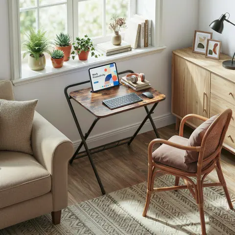 IRONCK Industrial 27.2" Adjustable Height Foldable Steel Frame Sofa Table - 3-Level Single-User Desk, Wooden Tabletop, Tablet Slot, Pinch-Safe Lock, Cross-Leg Frame, Quick Fold, 1.4" Space Saver, Easy Assembly for Home Office