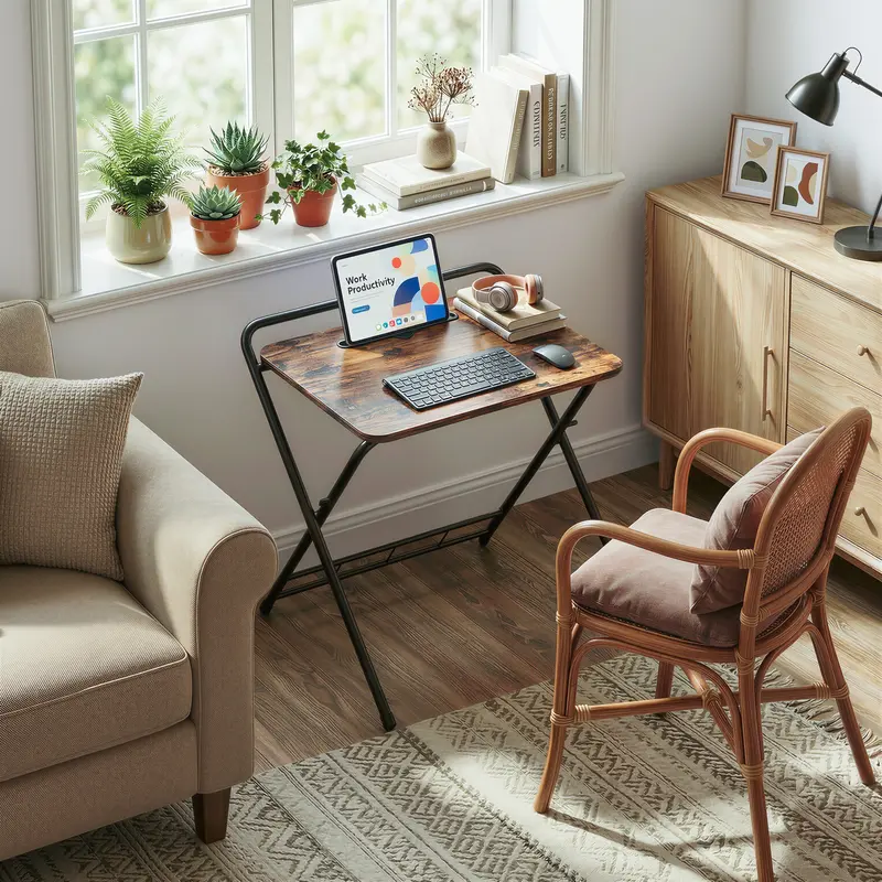 IRONCK Industrial 27.2" Adjustable Height Foldable Steel Frame Sofa Table - 3-Level Single-User Desk, Wooden Tabletop, Tablet Slot, Pinch-Safe Lock, Cross-Leg Frame, Quick Fold, 1.4" Space Saver, Easy Assembly for Home Office