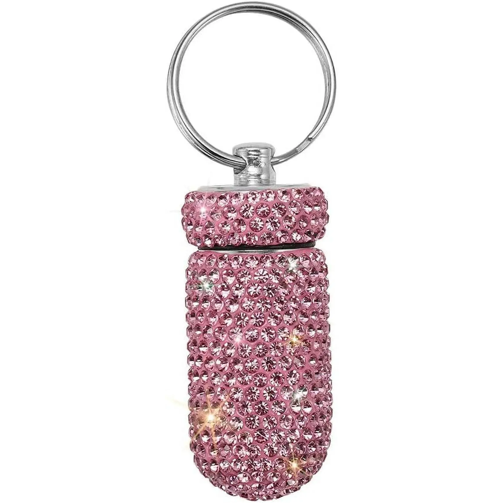 Sparkly Bling Rhinestone Pill Case - Portable Waterproof Keychain Medicine Box, Compact Storage for Travel, Daily Use (Pink)