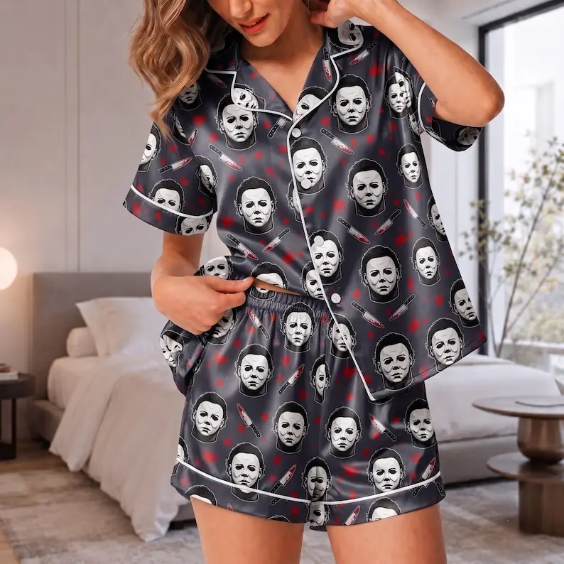 Horror Movie Pajama Set, Horror Movie Sleepwear, Spooky Halloween Satin Pajamas, Gothic Lounge Set