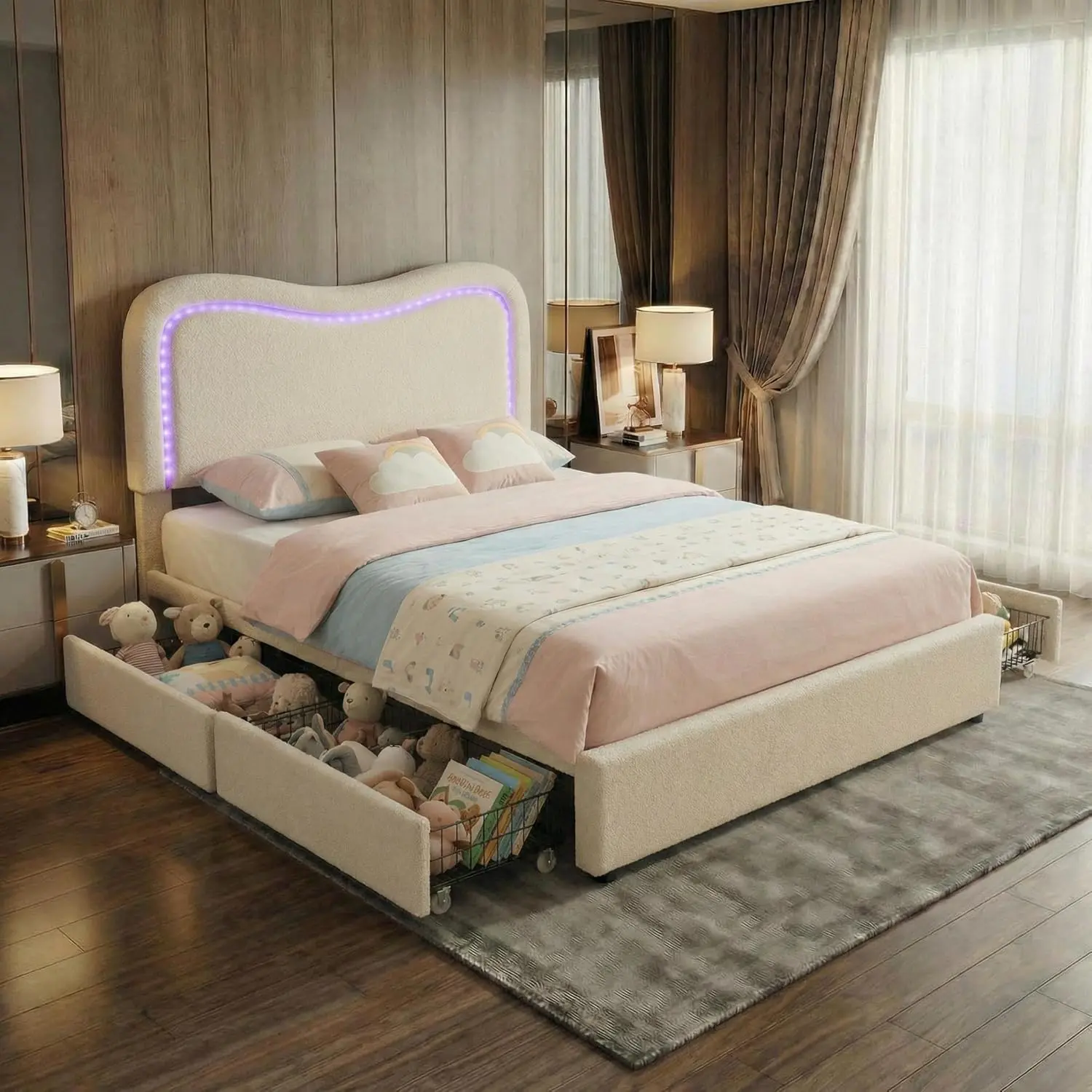 Garvee LED Twin Size Platform Bed Frame with Storage Drawers and Upholstered Headboard, Sturdy Wood Slat Support, No Box Spring Needed, Noise-Free Design in Beige
