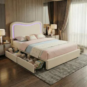 Garvee LED Twin Size Platform Bed Frame with Storage Drawers and Upholstered Headboard, Sturdy Wood Slat Support, No Box Spring Needed, Noise-Free Design in Beige