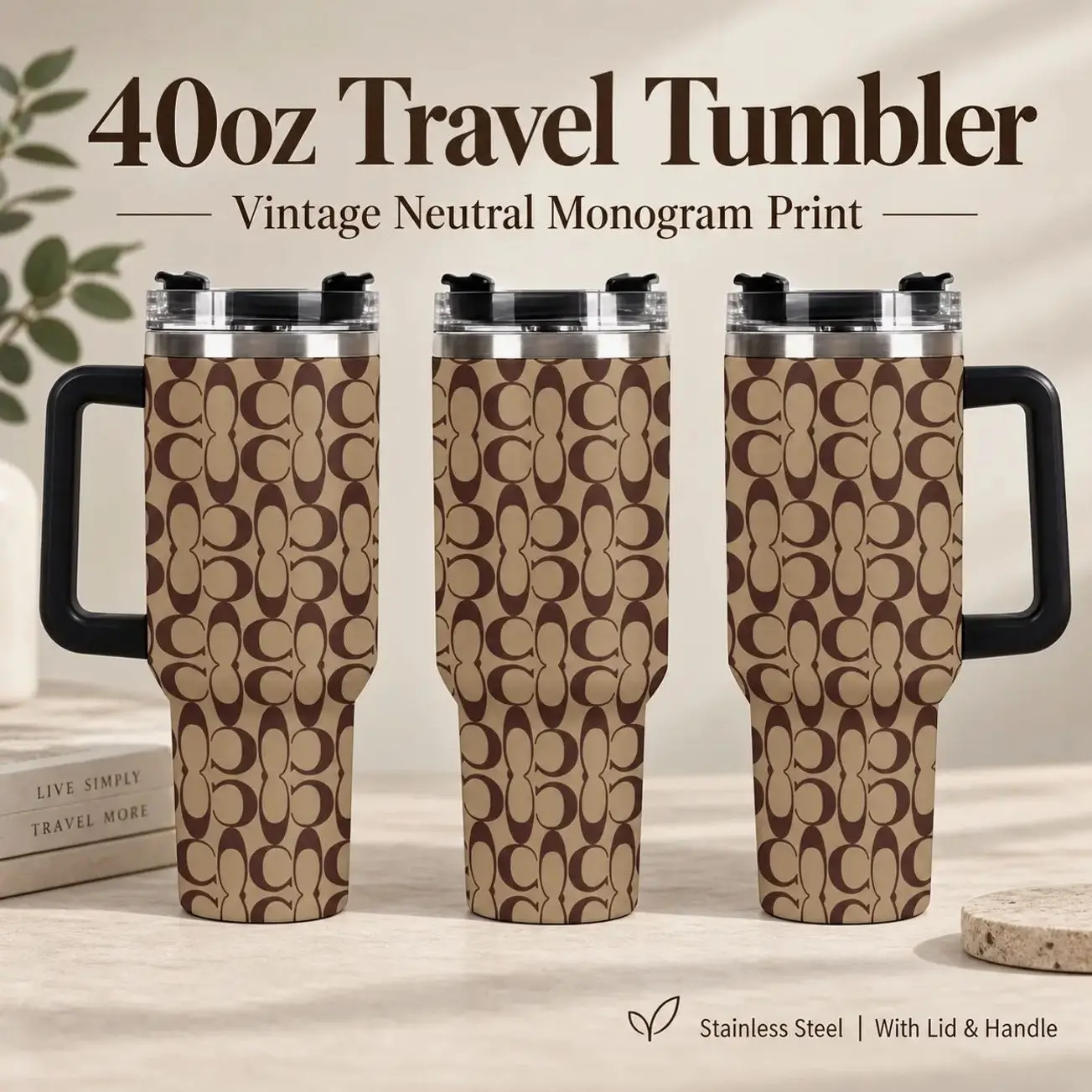 40oz Classic C Monogram Print 40oz Tumbler with Straw - Luxury Inspired Signature C Print Insulated Cup, Beige Brown Designer Inspired Leakproof Stainless Steel Travel Mug, Neutral Aesthetic Travel Mug, Perfect for Gifts & Daily Use