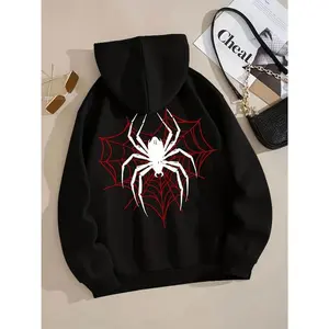 Spider Web Print Kangaroo Pocket Hoodie - Cozy Casual Long Sleeve Drawstring Sweatshirt with Pockets for Women - Perfect for Halloween, Autumn, and Winter Outings