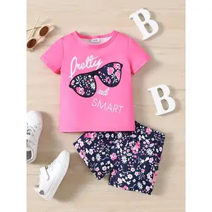 Summer Baby Girl Cute Cartoon Print Round Neck Top and Floral Shorts Two-Piece Set, Perfect for Outdoor