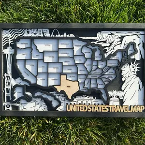 United States Travel Puzzle Map Monuments 16.5 Inches Wide Three Layers Wood 50 Pieces Easel Black White Design