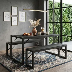 - 45.5" Dining Table Set for 4 People, Black 3-Piece Dinette with 1 Table + 2 Benches, Metal Frame & MDF Board, Space-Saving Design, Ideal Christmas & New Year Gift for Kitchen Dining Room