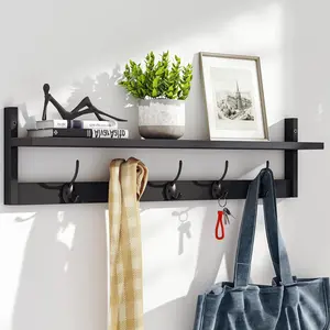 Wall-Mounted Shelf with Hooks - 28.9 Inch Entryway Hanging Shelf with 5 Dual Hooks for Bathroom, Living Room, Bedroom (Black)
